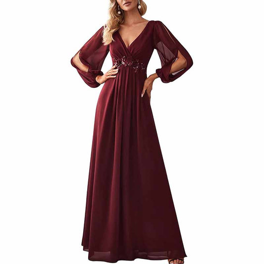 Long Sleeves Floor Length Ruched Chiffon Formal Dress