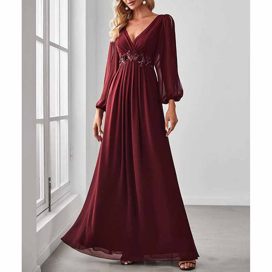 Long Sleeves Floor Length Ruched Chiffon Formal Dress