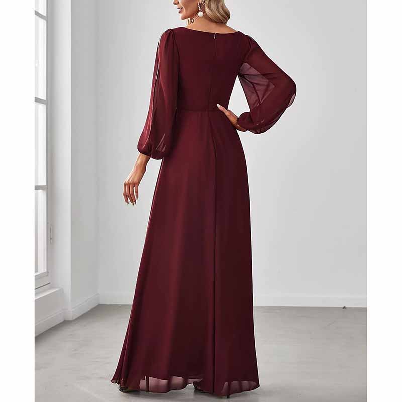 Long Sleeves Floor Length Ruched Chiffon Formal Dress