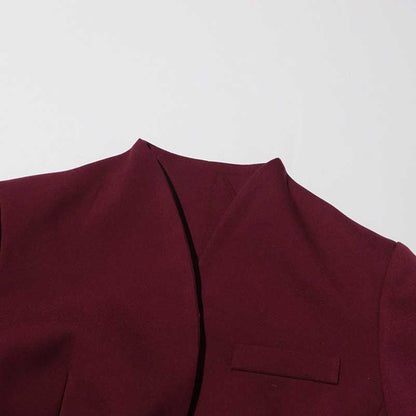 Women's Burgundy Suit Standard Collar Long Sleeve Wide Leg Pant Suit