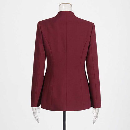 Women's Burgundy Suit Standard Collar Long Sleeve Wide Leg Pant Suit