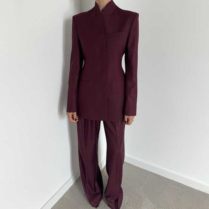 Women's Burgundy Suit Standard Collar Long Sleeve Wide Leg Pant Suit