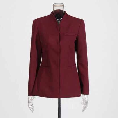Women's Burgundy Suit Standard Collar Long Sleeve Wide Leg Pant Suit