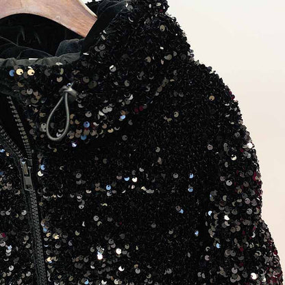 Women's Sequin Velvet Short Puffer Jacket Blingbling White duck down jacket