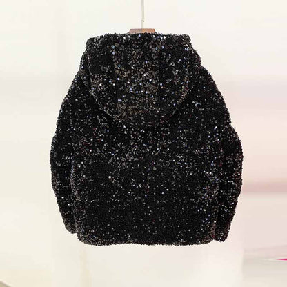 Women's Sequin Velvet Short Puffer Jacket Blingbling White duck down jacket