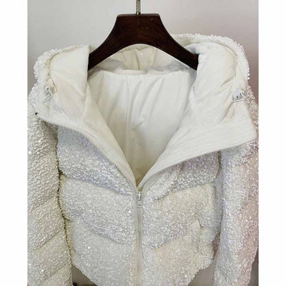 Women's Sequin Velvet Short Puffer Jacket Blingbling White duck down jacket