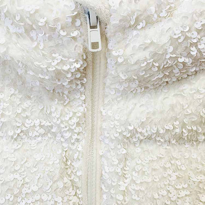 Women's Sequin Velvet Short Puffer Jacket Blingbling White duck down jacket