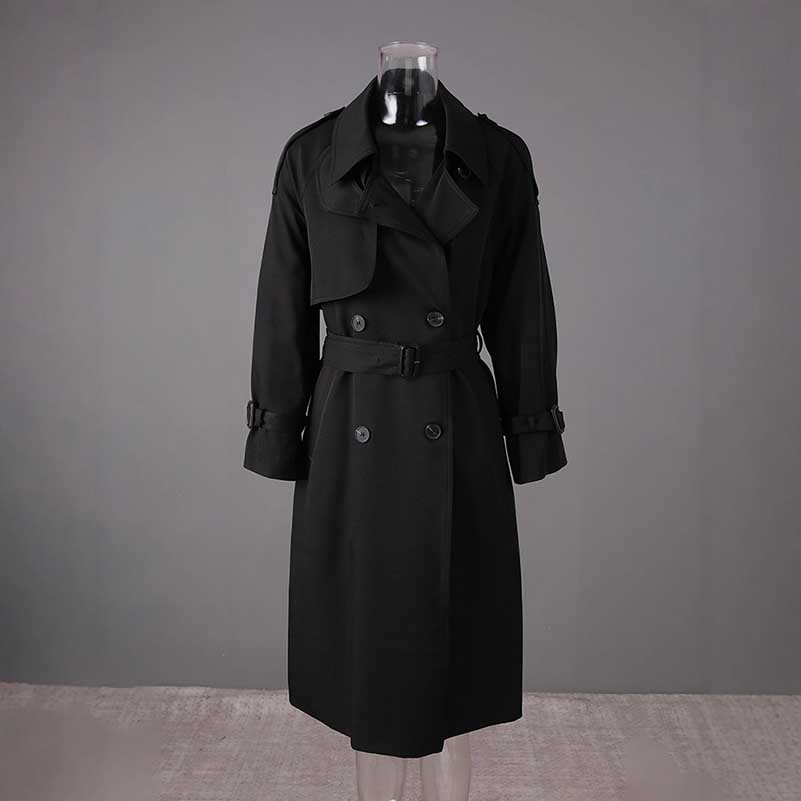Elegant black British style trench coat for women with a classic belted design and stylish collar