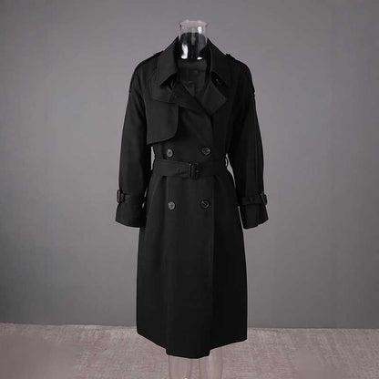 Elegant black British style trench coat for women with a classic belted design and stylish collar