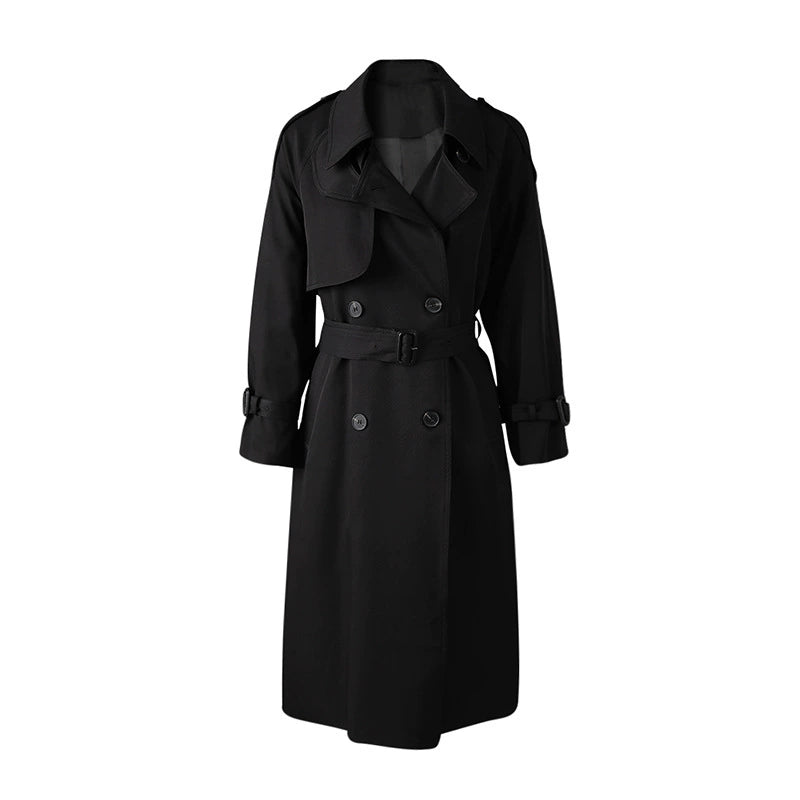 Elegant black British style trench coat for women with a belted waist and double-breasted design