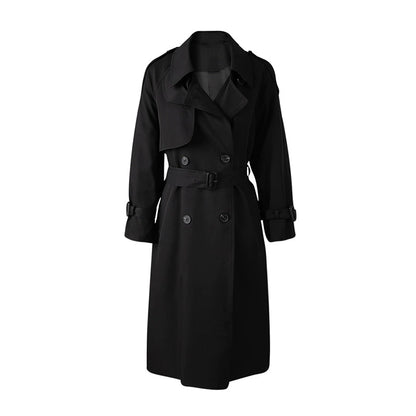 Elegant black British style trench coat for women with a belted waist and double-breasted design