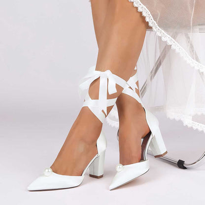 Elegant women chunky heel wedding shoes in white with pearl details and ribbon ties