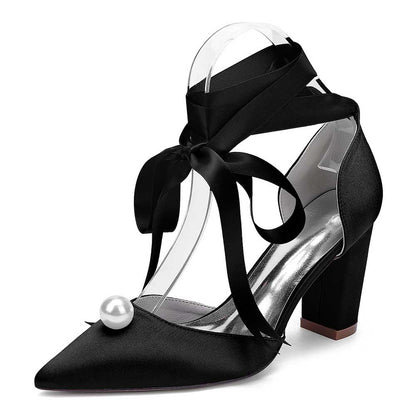 S&DCo. black women chunky heel wedding shoes with elegant pearl detail and stylish ribbon ties