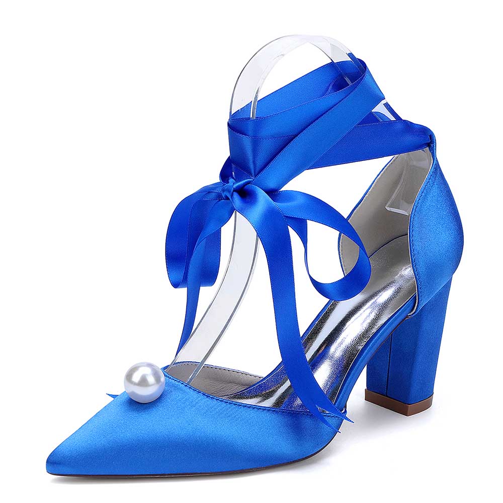 S&DCo. women chunky heel wedding shoes in blue satin with pearl accent and ribbon straps