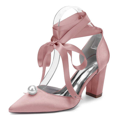 S&DCo. women chunky heel wedding shoes with satin pink finish and elegant ribbon details