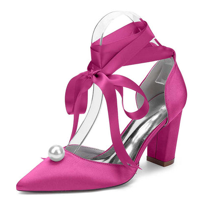 S&DCo. women chunky heel wedding shoes in vibrant pink satin with elegant ribbon and pearl detail