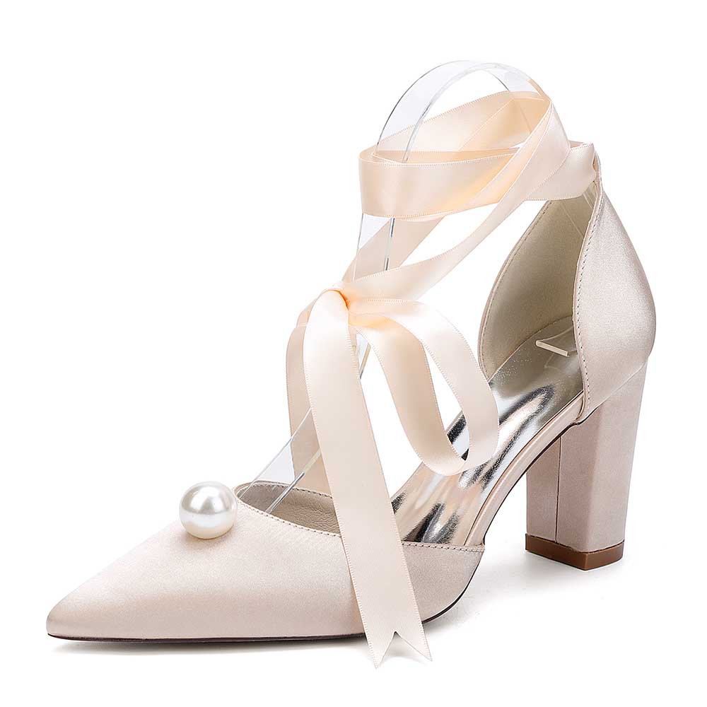 S&DCo. women chunky heel wedding shoes in satin with a pearl detail and ribbon straps