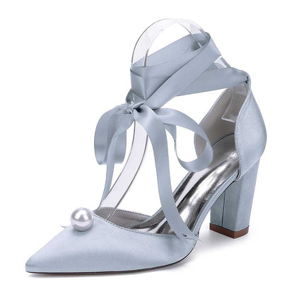 S&DCo. light blue women chunky heel wedding shoes with satin finish and elegant ribbon detail