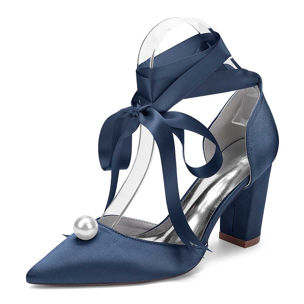 S&DCo. women chunky heel wedding shoes in navy with clear straps and pearl detail for elegant bridal style