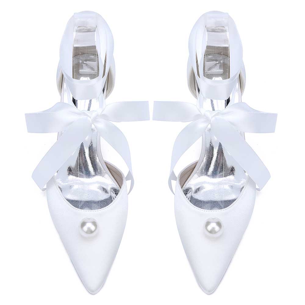 S&DCo. women chunky heel wedding shoes in white with ribbon ties and pearl detail
