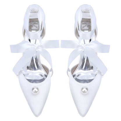 S&DCo. women chunky heel wedding shoes in white with ribbon ties and pearl detail
