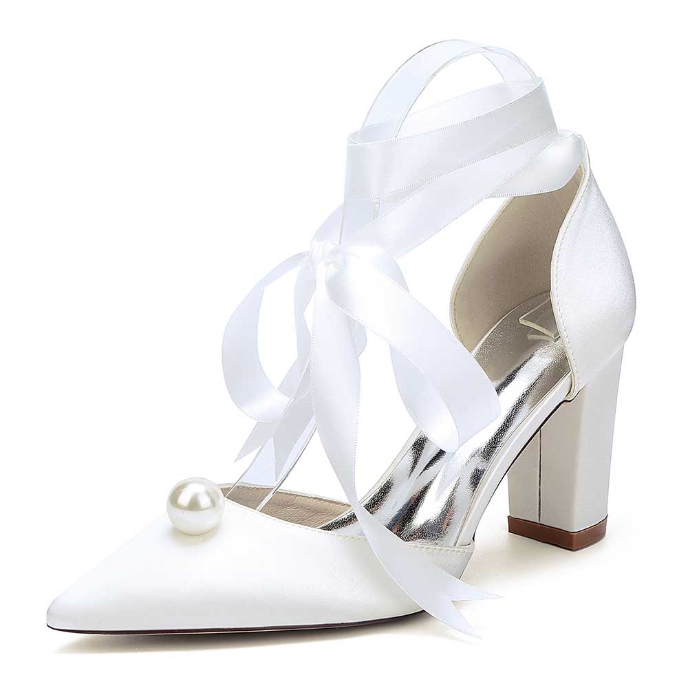 Elegant S&DCo. women chunky heel wedding shoes in white satin with ribbon and pearl detail