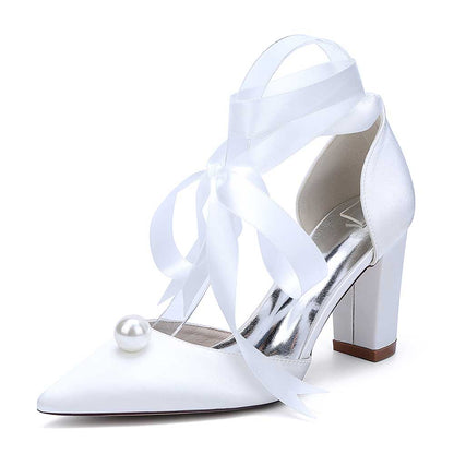 S&DCo. women chunky heel wedding shoes in white satin with pearl detail and ribbon straps