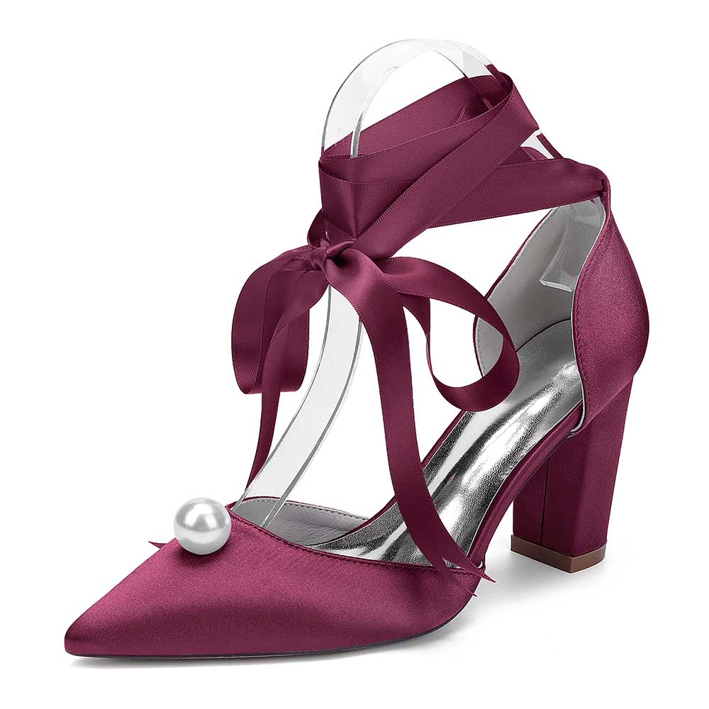 Elegant S&DCo. women chunky heel wedding shoes in burgundy satin with a decorative pearl and ribbon straps