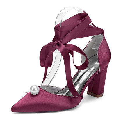 Elegant S&DCo. women chunky heel wedding shoes in burgundy satin with a decorative pearl and ribbon straps