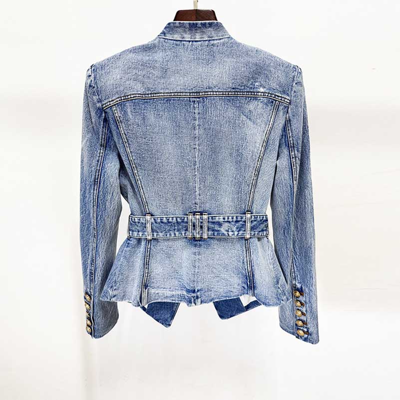 Back view of women's belted denim jacket with a stylish fitted design and button details