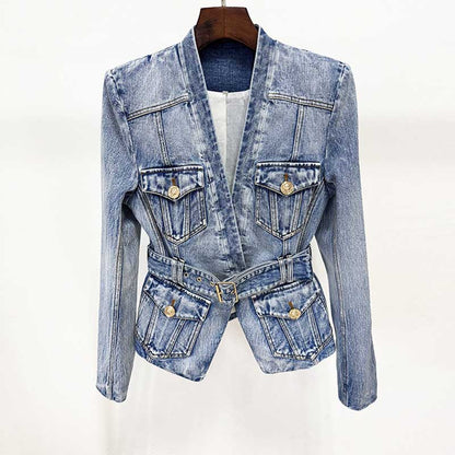 Stylish women's belted denim jacket with front pockets and a modern cut for a trendy look