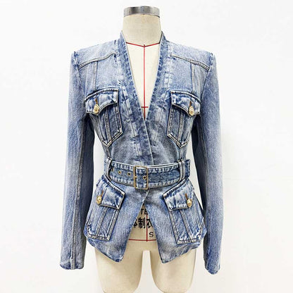 Stylish women's belted denim jacket with a fitted design and front pockets