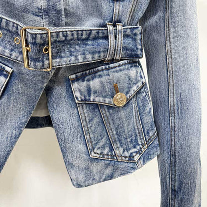 Women's belted denim jacket featuring a stylish design and functional pockets for casual wear