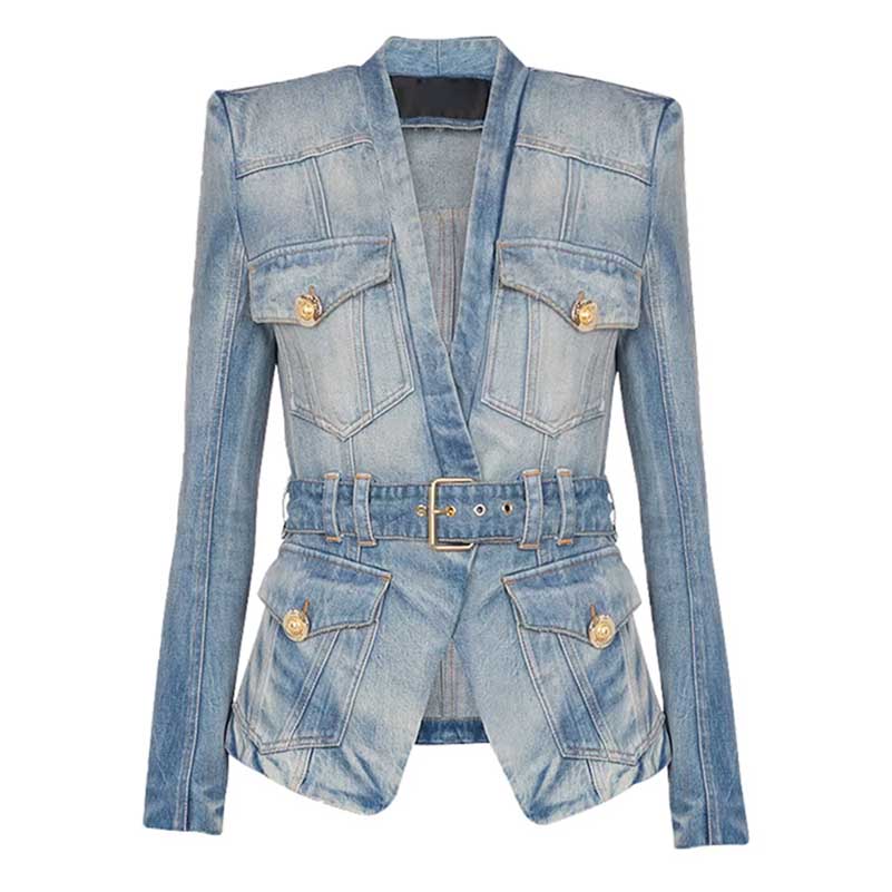 Stylish women's belted denim jacket featuring a tailored fit and gold-button details