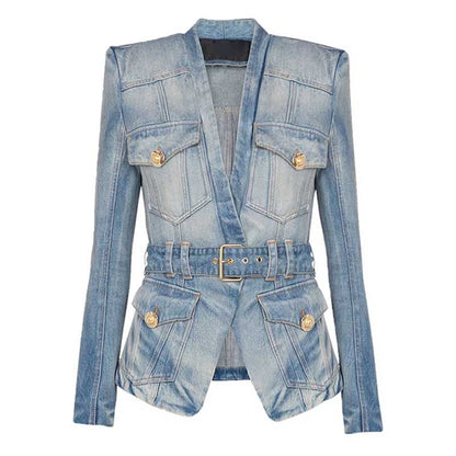 Stylish women's belted denim jacket featuring a tailored fit and gold-button details