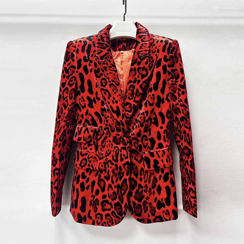 Slim fit animal print suit for women in bold red and black leopard pattern