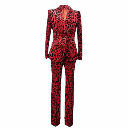 Slim fit animal print suit for women in bold red and black leopard design, tailored for a modern look