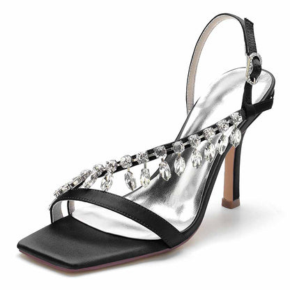 Elegant black square toe prom shoes for women with jeweled embellishments and a stylish ankle strap