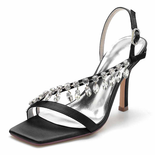 Elegant black square toe prom shoes for women with jeweled embellishments and a stylish ankle strap