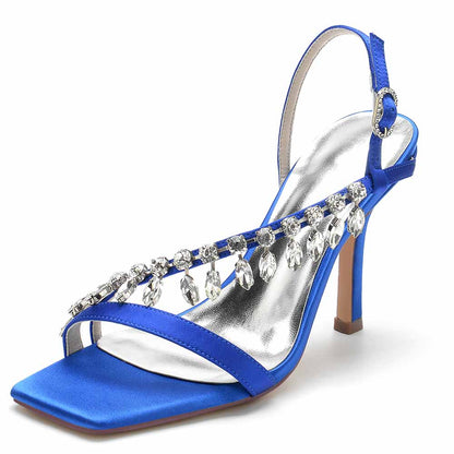 Elegant blue square toe prom shoes for women with jeweled embellishments and slingback design