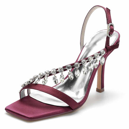 Elegant burgundy square toe prom shoes for women with rhinestone embellishments and slingback design