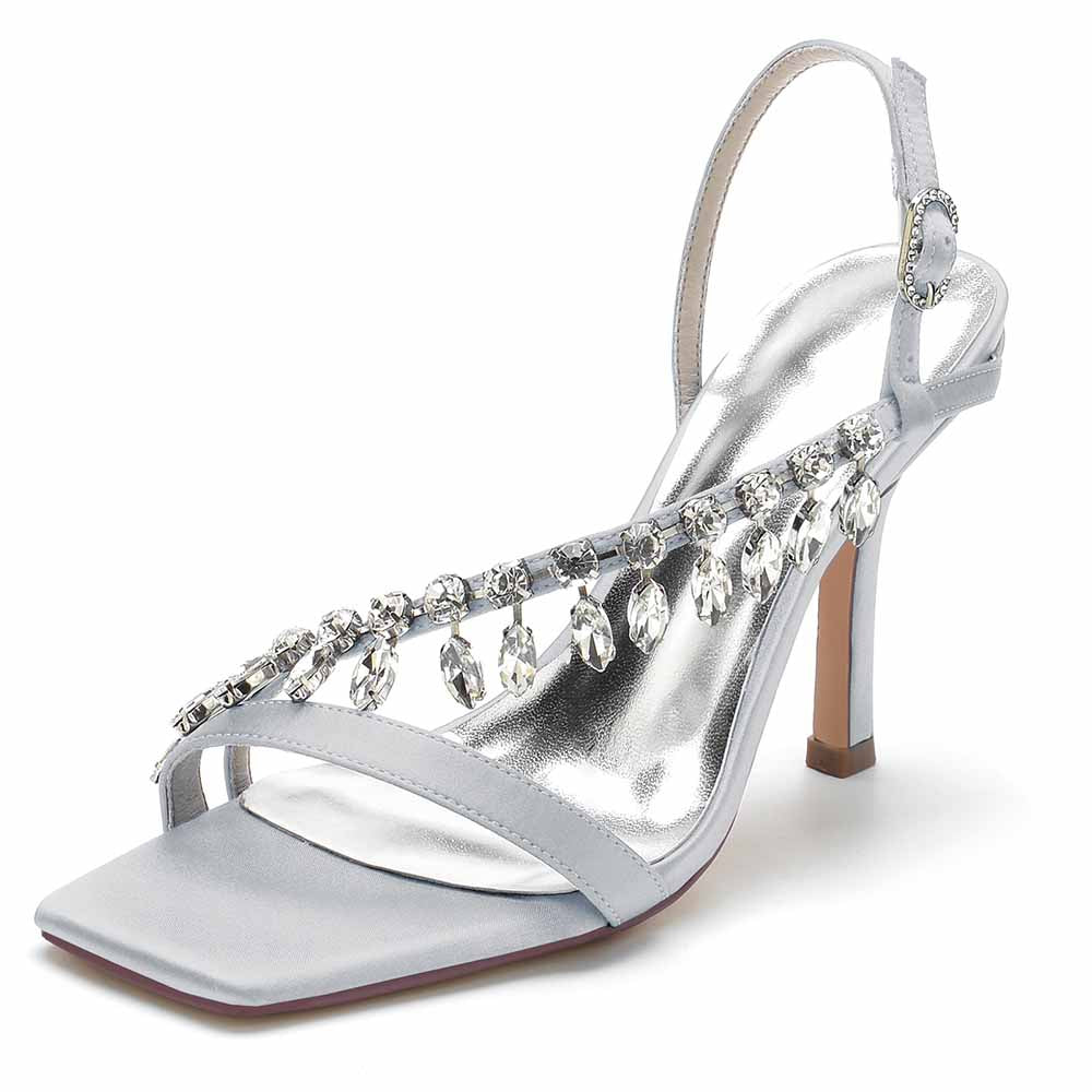 Elegant silver square toe prom shoes for women with sparkling embellishments and slingback design