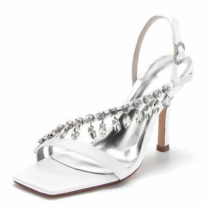 Elegant white square toe prom shoes for women by S&DCo with rhinestone embellishments