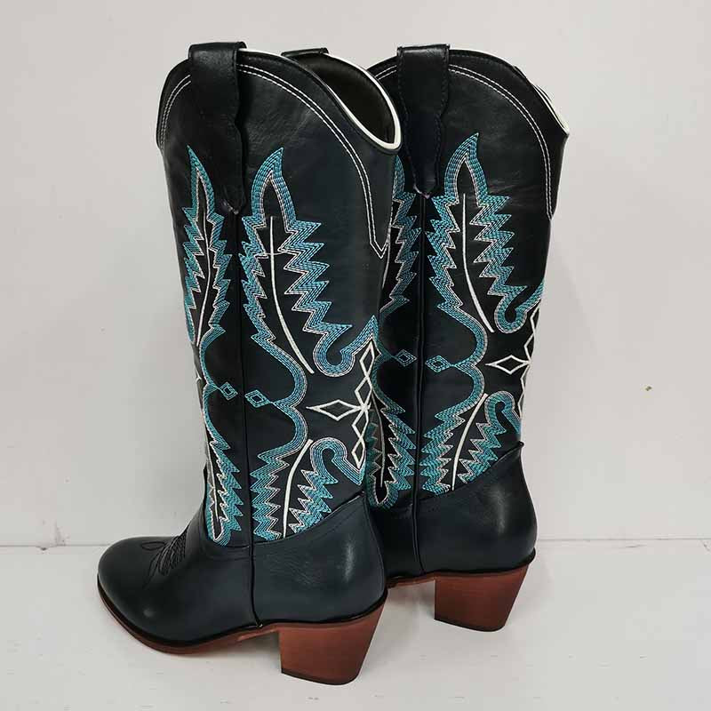 SD Dresscode women's vintage cowboy boots with intricate blue embroidery and stylish heel