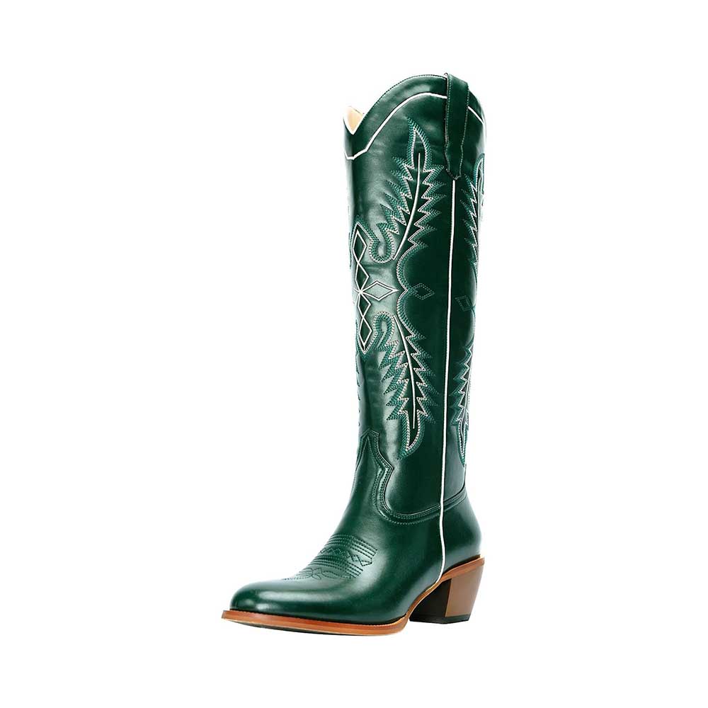 SD Dresscode & Fashiontrends women vintage cowboy boots in green with intricate stitch detailing