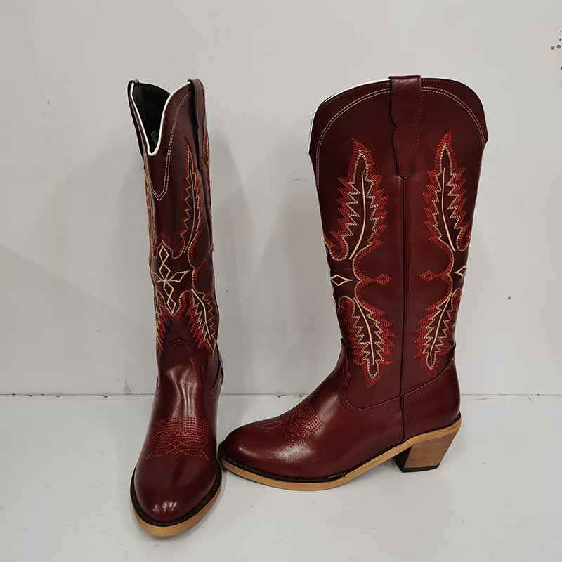 SD Dresscode women vintage cowboy boots in burgundy with intricate stitching for stylish western wear