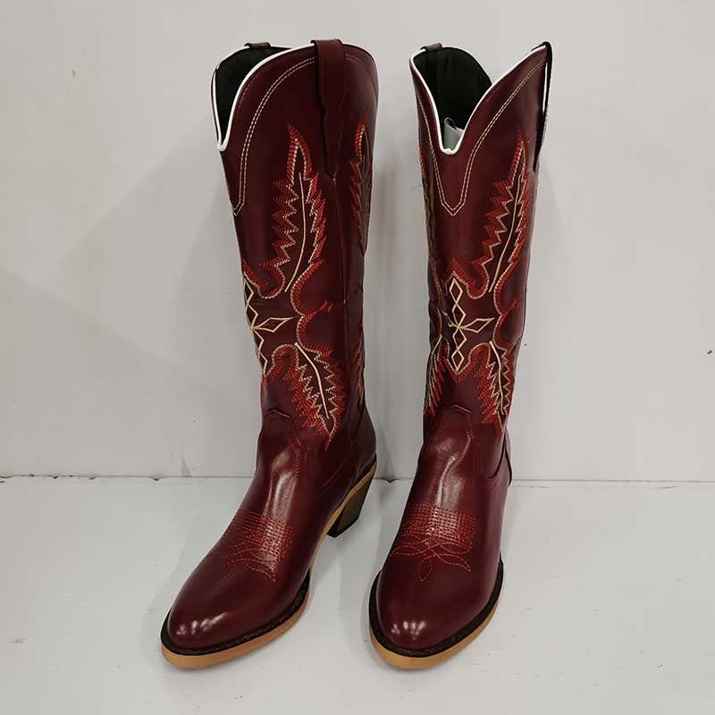 SD Dresscode & Fashiontrends women vintage cowboy boots in red with intricate stitching design