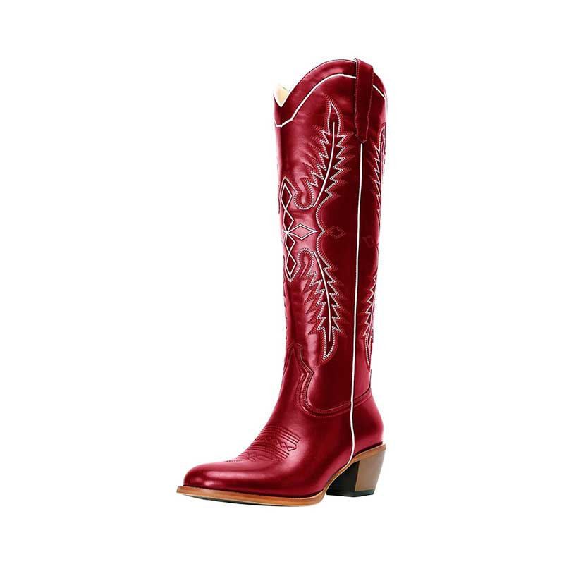 SD Dresscode women vintage cowboy boots in red with intricate embroidery and tall shaft design