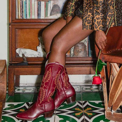 Women vintage cowboy boots in red with intricate embroidery, perfect for stylish casual outfits