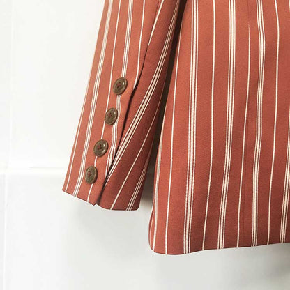 Women's Stripe-Pattern Double-Breasted Blazer Suit Brown Pantsuit